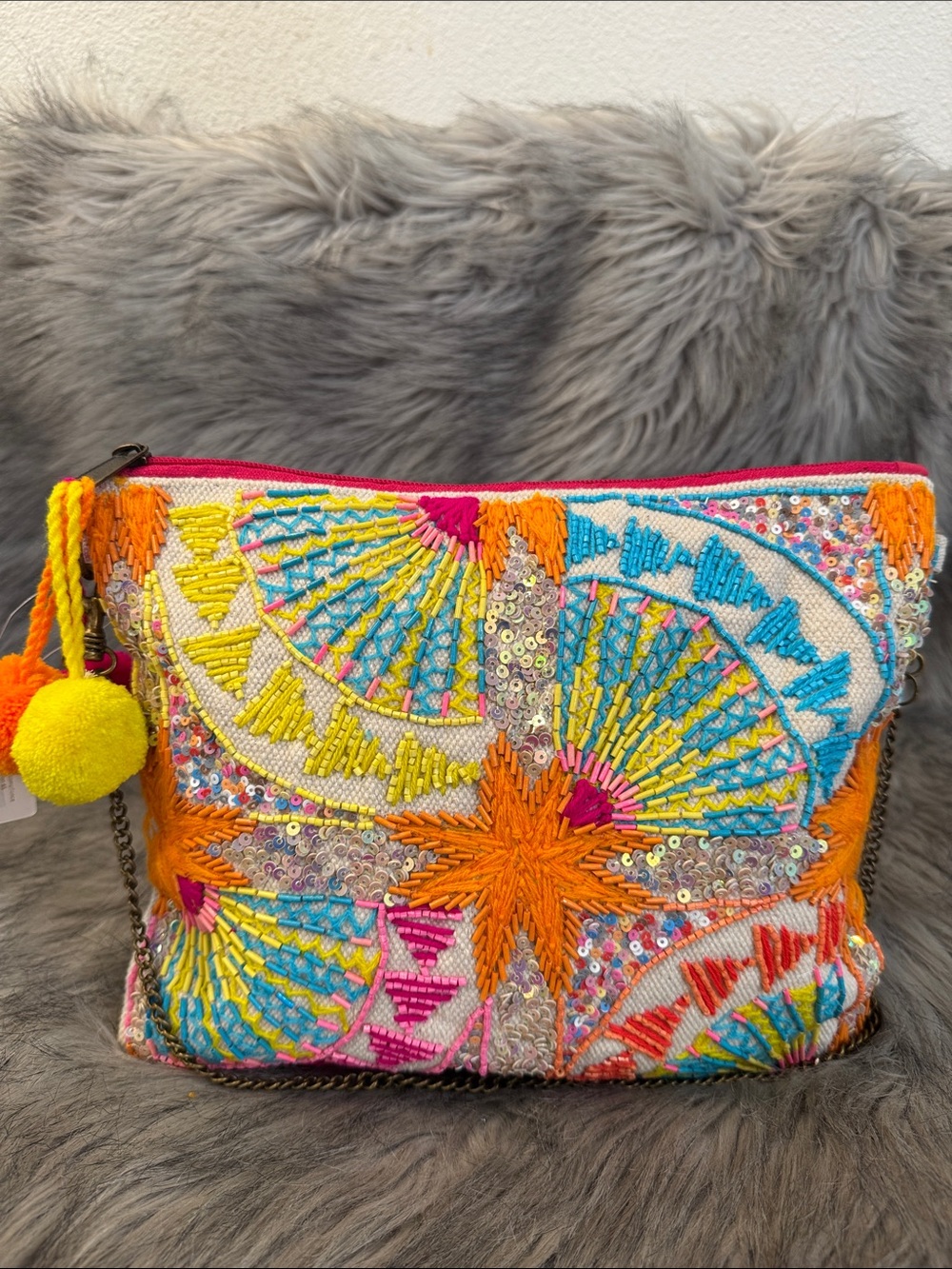 NWT Fabulous MJ New York Colorful Embroidered Pom-Pom Zip Pouch/Crossbody Bag